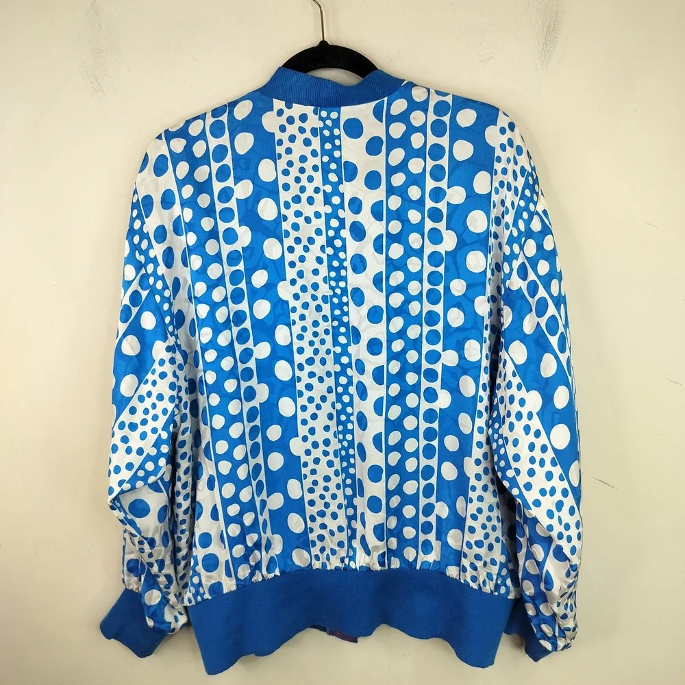 Vintage Polka Dot Silk Cardigan 16 Womens Balloon Sleeve Ribbed Cuff Blue Bold